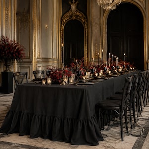 Custom Black Natural Linen Rectangle Tablecloth with Ruffle, Floor Length Wedding Tablecloth, Gothic Wedding Decor