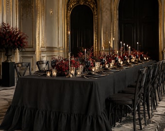 Custom Black Natural Linen Rectangle Tablecloth with Ruffle, Floor Length Wedding Tablecloth, Gothic Wedding Decor