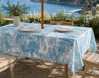 Tiger & Lion Blue Toile Tablecloth with Umbrella Hole and Zipper, Spill Resistant Linen Textured Patio Table Cover, Blue White Decor