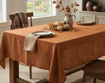 Burnt Orange Natural Linen Tablecloth, Custom Size Rectangle Tablecloth, Large Linen Table Cover, Fall Thanksgiving Table Decor