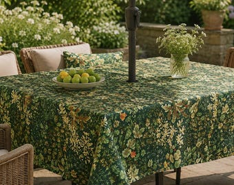Forest Botanical Rectangular Tablecloth with Umbrella Hole and Zipper, Spill Resistant Linen Textured Outdoor Table Cover for Patio Dining
