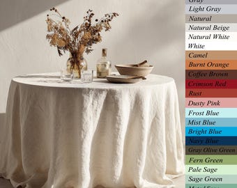 European Natural Linen Round Tablecloth, Stone Washed Table Cover, Custom Size Table Linen, Oversized 120 in Round, Farmhouse Rustic Style