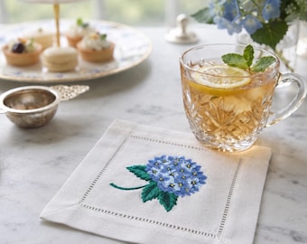 Blue Hydrangea Cocktail Napkins, Embroidered Floral Linen Napkins, Hemstitched Mini Cloth Napkins, Wedding Bar Cart Decor, Tea Party Gift