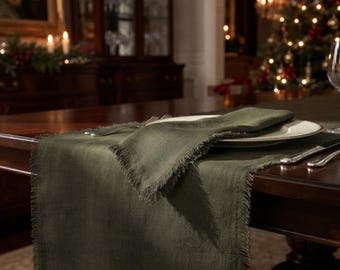 Christmas Frayed Edge Linen Blend Table Runner and Napkins, Custom Size Table Runner, Rustic Wedding & Everyday Dining, 34 Color Options