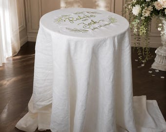 Personalized Embroidered Round or Rectangle Wedding Tablecloth, 100% Natural European Linen, Custom Size & Shape, Guest Book Alternative