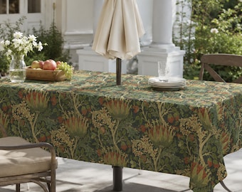 William Morris Scottish Thistle Rectangle Tablecloth, Linen Texture Patio Table Cover with Umbrella Hole and Zipper, Spill Resistant
