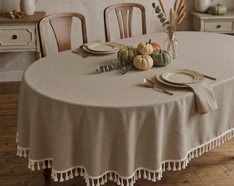 Waterproof Oval & Round Oilcloth Tablecloth, Oatmeal Beige Linen Textured, Large Custom Tablecloth with Fringe, Fall Thanksgiving Decor