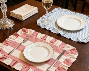 Ruffled Cotton Linen Placemats Set of 4, French Stripe Farmhouse Table Mats, Thick Washable Dining Placemats, Wedding Table Decor