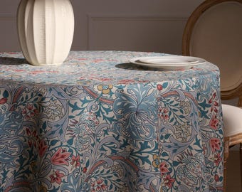 Round Water-Resistant Golden Lily Tablecloth, Linen-Textured English Garden Tea Table Cover, Custom & Oversized Sizes