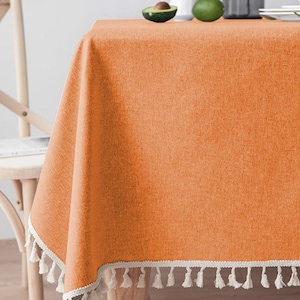 Custome Size, Autumn Solid Oilcloth Tablecloth with Tassels – Waterproof & Stain-Resistant Fall Table Cover for Outdoor Dining