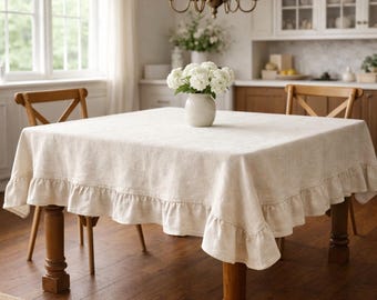 Linen Ruffle Tablecloth, Farmhouse or Square Linen Tablecloth with Ruffled Edge, Cottagecore or French Country Table Decor, Custom Size