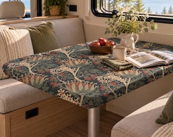 Morris Thistle Fitted Tablecloth with Elastic, Linen Texture Botanical Table Cover, Water-Resistant Custom Tablecloth, RV Camper Table Decor