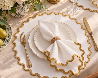 Round Linen Cotton Napkin, Scalloped Edge Dinner Napkin, Contrast Border Design, Thanksgiving Table Decor, French Country Dining