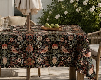 Strawberry Thief Rectangular Outdoor Tablecloth, Linen Textured Spill Resistant Table Cover with Umbrella Hole ＆ Zipper for Patio Garden