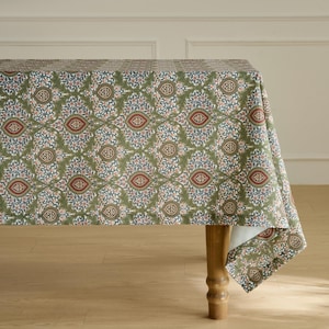 William Morris Style Green Botanical Tablecloth, Extra Wide Custom Size Linen-Blend Vintage Floral Table Cover, English Cottage Dining Decor