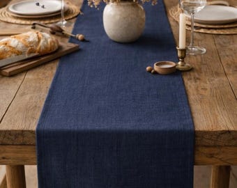 Navy Blue Linen Table Runner, Farmhouse Rustic Table Decor, Natural Linen Wedding Runner, Modern Dining Table Centerpiece