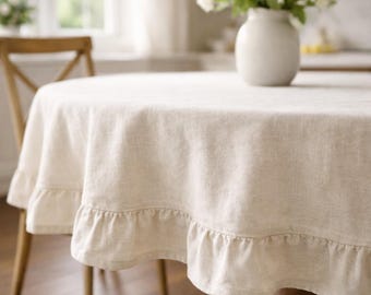 Round Linen Ruffle Tablecloth, Farmhouse Linen Tablecloth with Ruffled Edge, Cottagecore Table Decor, French Country Tablecloth, Custom Size