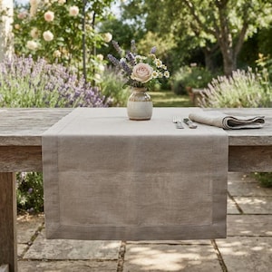 Camino de mesa de lino, lino natural europeo, decoración rústica de mesa de granja, dobladillo ancho personalizado para bodas y cenas al aire libre.