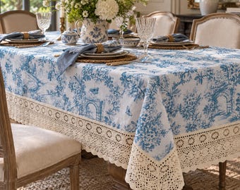 Garden Toile Blue Tablecloth, Rectangle Table Cover, Linen-Textured Water-Resistant Tablecloth with Crochet Lace Trim, French Country Decor