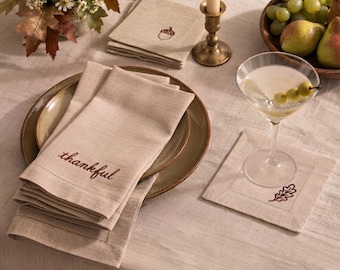 Thanksgiving Embroidered Napkin Set, Matching Dinner & Cocktail Napkins, Linen Cotton Table Napkin Bundle, Fall Hostess Gift