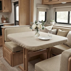 Puede incluir: Un área de comedor dentro de un vehículo recreativo con una mesa de madera marrón claro cubierta con una tela beige texturizada, rodeada de bancos tapizados en beige, un florero de vidrio transparente con flores blancas y un plato blanco.