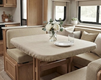 RV Fitted Tablecloth with Elastic, Custom Size & Shape Linen Textured Table Cover, Water-Resistant Camper Dinette Tablecloth, RV Decor