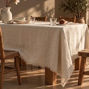 Handmade Natural Frayed Edge Rectangle Linen Tablecloth, Heavyweight European Linen, Stone-Washed, Custom Size for Elegant Dining & Weddings