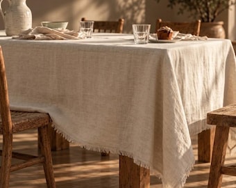 Handmade Natural Frayed Edge Rectangle Linen Tablecloth, Heavyweight European Linen, Stone-Washed, Custom Size for Elegant Dining & Weddings