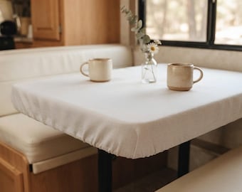 Waterproof Fitted Tablecloth with Elastic, Linen Textured Oilcloth Style Table Cover, Custom Size & Shape, RV Camper Outdoor Tablecloth