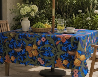 Blue Iris Rectangle Tablecloth with Umbrella Hole and Zipper, Spill Resistant Linen Textured Table Cover, Botanical Patio Dining Decor