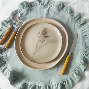 round placemat

linen placemat

ruffle placemat

farmhouse decor

cottagecore decor

round table mat

table setting

rustic table decor

cotton linen mat

double layer mat

wedding table decor

country table

Light Blue placemat