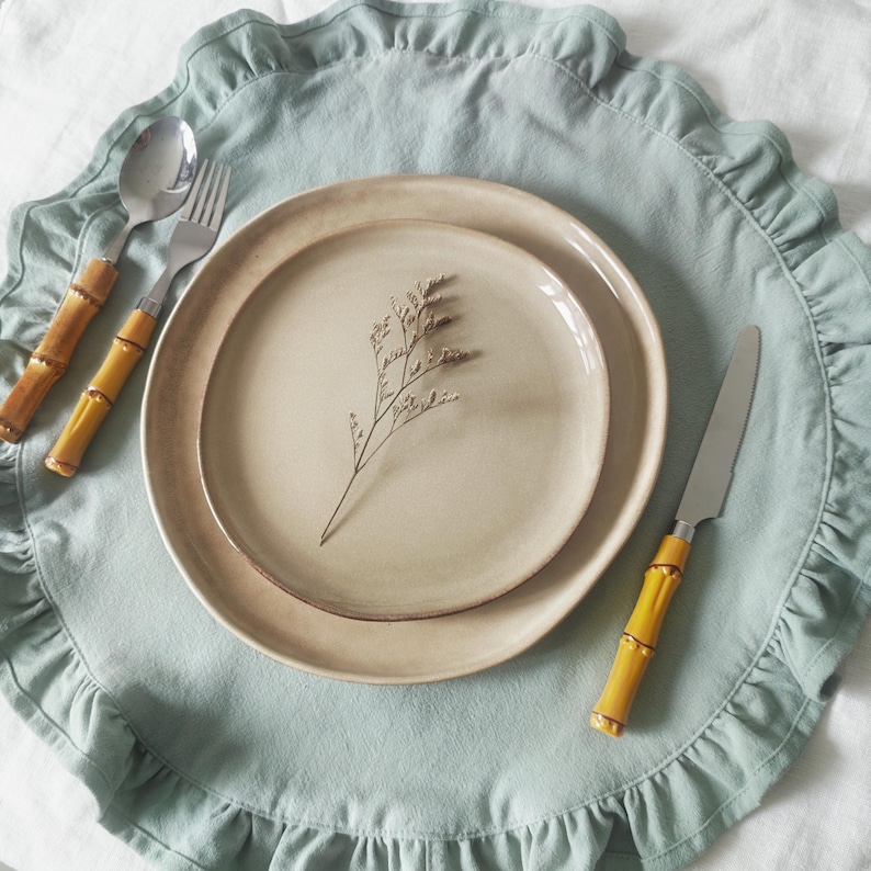 round placemat

linen placemat

ruffle placemat

farmhouse decor

cottagecore decor

round table mat

table setting

rustic table decor

cotton linen mat

double layer mat

wedding table decor

country table

Light Blue placemat