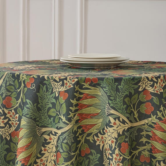 Morris Thistle Linen Textured Tablecloth | Custom Round, Oval & Boat-Shaped Sizes | Extra-Wide Dark Botanical Floral for Elegant Dining