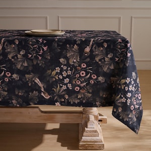 Dark Fern Finch Linen-Textured Tablecloth, Arts & Crafts Botanical Design, Extra-Wide Custom Size for Rectangle  Square Tables