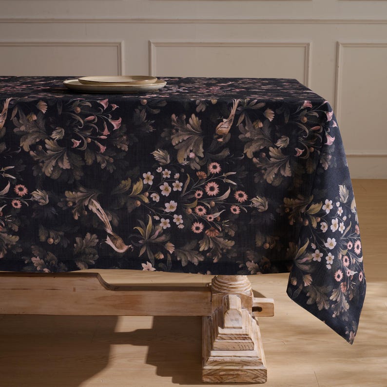 Dark Fern Finch Linen-Textured Tablecloth, Arts & Crafts Botanical Design, Extra-Wide Custom Size for Rectangle  Square Tables