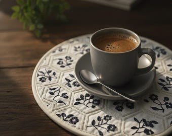 Cotton Embroidered Placemats, French Style Table Decor, Rench Floral Grid, White Denim Stranded Geometric Embroidery, for daily Elegant Use