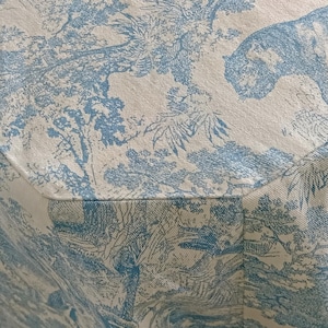 Peut inclure: Un gros plan sur un tissu blanc avec un motif toile bleu et blanc. Le motif présente un dessin répétitif d'arbres, de fleurs et d'oiseaux. Le tissu a une texture subtile et un aspect légèrement délavé.