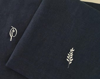 Floral & Initial Double Embroidery Linen Napkin, Custom Monogram Opposite Corner, 180 GSM Stonewashed Pure Flax, Bespoke Housewarming Gift
