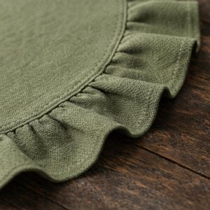 round placemat

linen placemat

ruffle placemat

farmhouse decor

cottagecore decor

round table mat

table setting

rustic table decor

cotton linen mat

double layer mat

wedding table decor

country table

green placemat