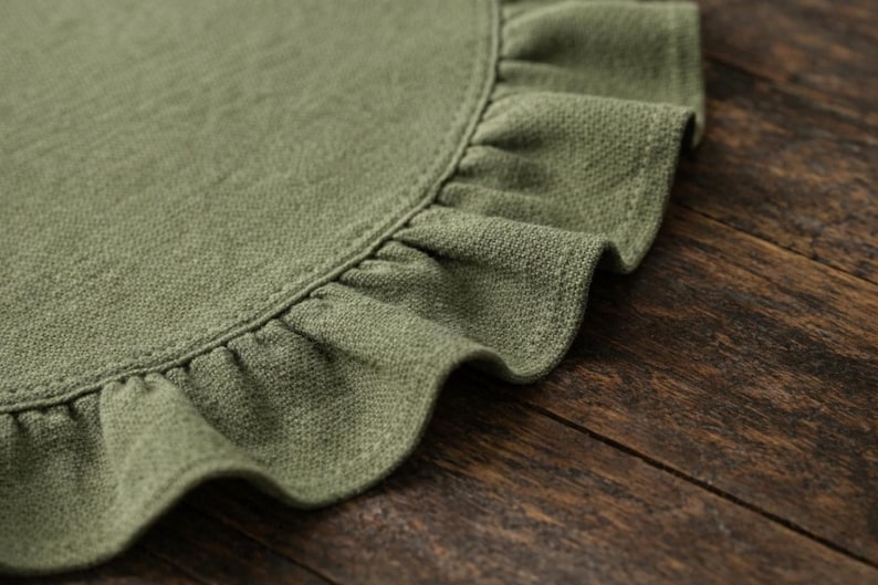 round placemat

linen placemat

ruffle placemat

farmhouse decor

cottagecore decor

round table mat

table setting

rustic table decor

cotton linen mat

double layer mat

wedding table decor

country table

green placemat