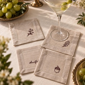 Embroidered Cotton Linen Blend Cocktail Napkins, Thanksgiving Napkins, Set of 4 Fall Designs, Hemstitched Border & Mitered Corners