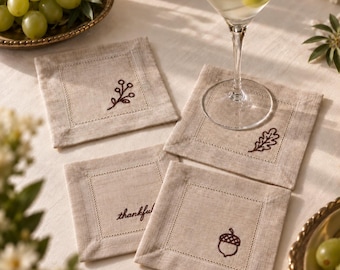 Embroidered Cotton Linen Cocktail Napkins, Thanksgiving Napkins, Set of 4 Fall Designs, Hemstitched Border & Mitered Corners