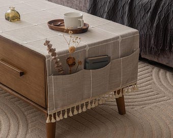 Linen Style Waterproof Table Runner with Pockets, Pocketed Tablecloth, Farmhouse Table Cover,  Customizable Utility Console Table Runner