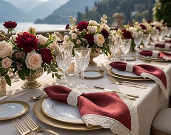 Custom Brick Red Lace Napkins,Linen Blend Dinner Napkins, Wedding Napkins, Christmas Table Decor, Romantic Cloth Napkins