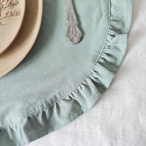 round placemat

linen placemat

ruffle placemat

farmhouse decor

cottagecore decor

round table mat

table setting

rustic table decor

cotton linen mat

double layer mat

wedding table decor

country table

Light Blue placemat