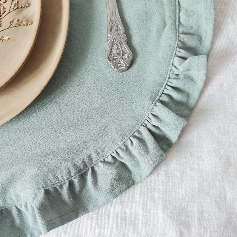 round placemat

linen placemat

ruffle placemat

farmhouse decor

cottagecore decor

round table mat

table setting

rustic table decor

cotton linen mat

double layer mat

wedding table decor

country table

Light Blue placemat