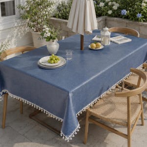 Rectangle Patio Tablecloth with Umbrella Hole ＆ Zipper, Waterproof Outdoor Table Cover, Dusty Blue Oilcloth Style Tablecloth, Custom Size