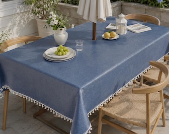 Toalha de mesa retangular para pátio com orifício para guarda-sol e zíper, capa de mesa impermeável para exterior, toalha de mesa estilo lona encerada azul acinzentada, tamanho personalizado