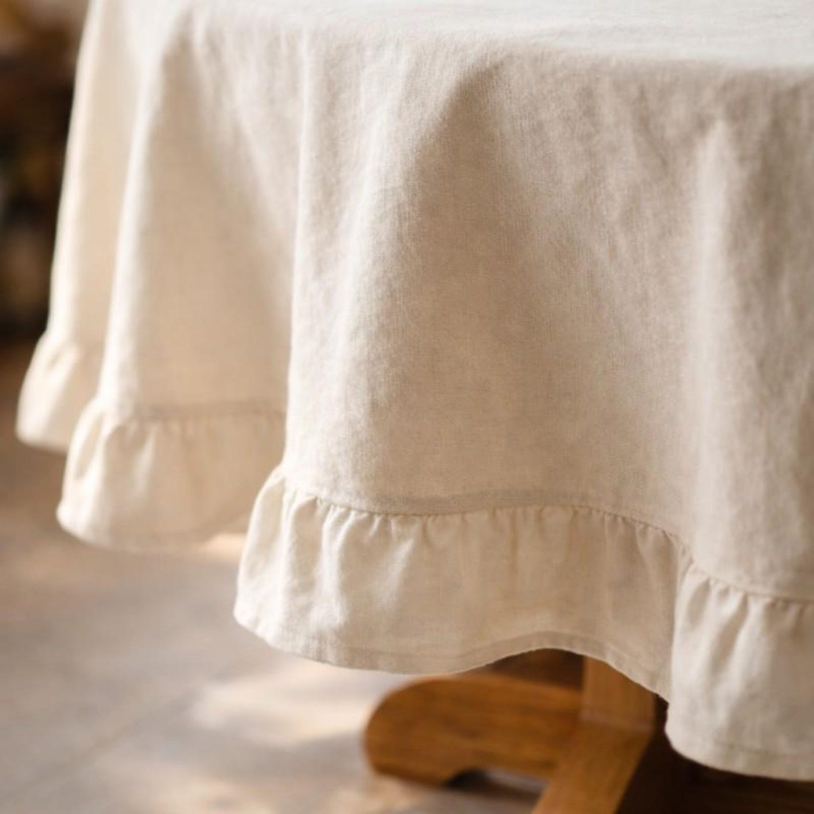 Circle Ruffle Tablecloth Round Linen Ruffle Tablecloth, Farmhouse Linen Tablecloth With Ruffled ...