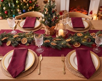 Custom Table Runner & Napkin Set, Cotton Linen Blend Fabric, 18 x 18 Inch Dinner Napkins, European Hemmed Edge, Thanksgiving Table Setting